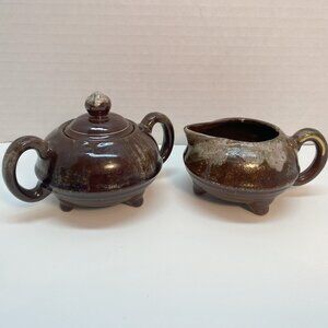 Made in Japan Vintage Ceramic Sugar and Creamer Drip Glaze, Brown Pink Gold
